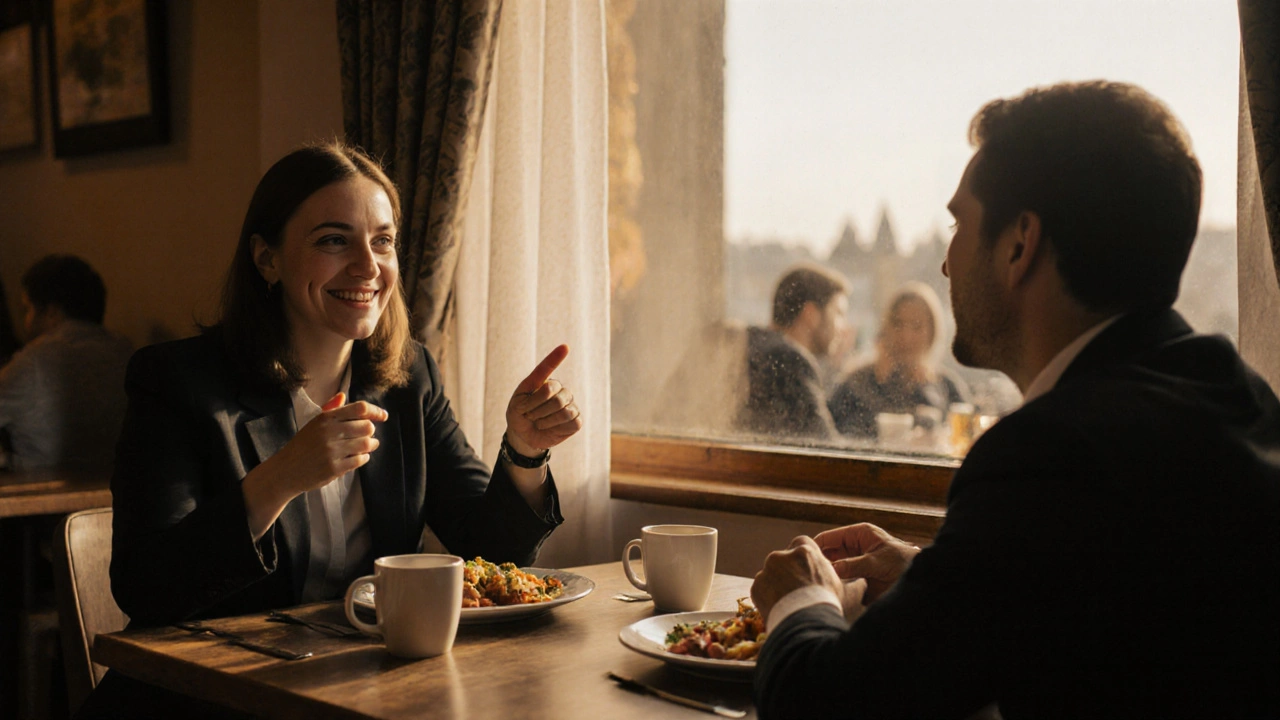 Бизнес-ланч в кафе: два человека общаются за кофе и едой.