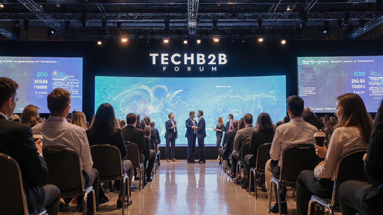 Большой конференц-зал B2B‑форум: сцена, экраны, участники в деловой одежде общаются.