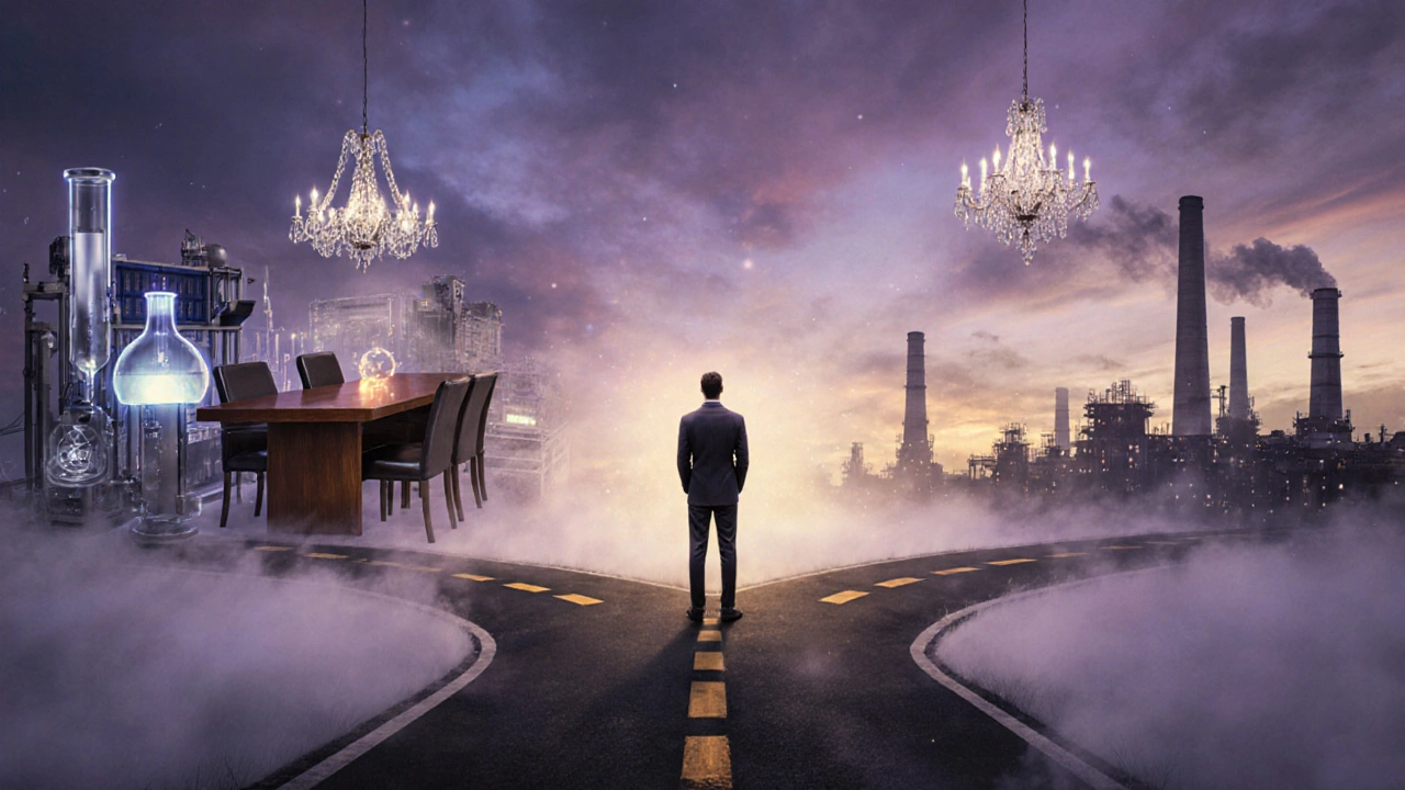 Человек выбирает путь среди символов разных бизнес‑терминов.