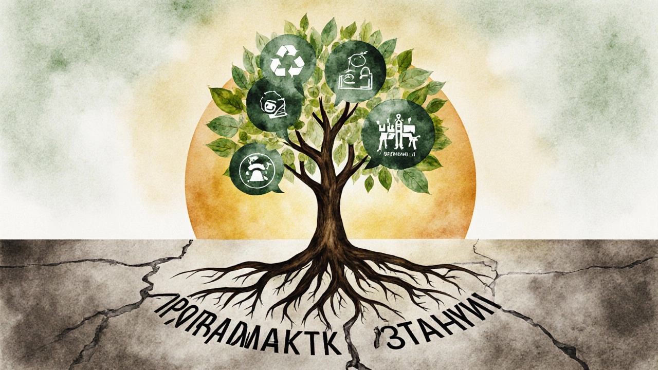 Дерево с корнями из слов &#039;Дело&#039;, &#039;Проект&#039;, &#039;Организация&#039;, &#039;Стартап&#039; растёт из бетона.