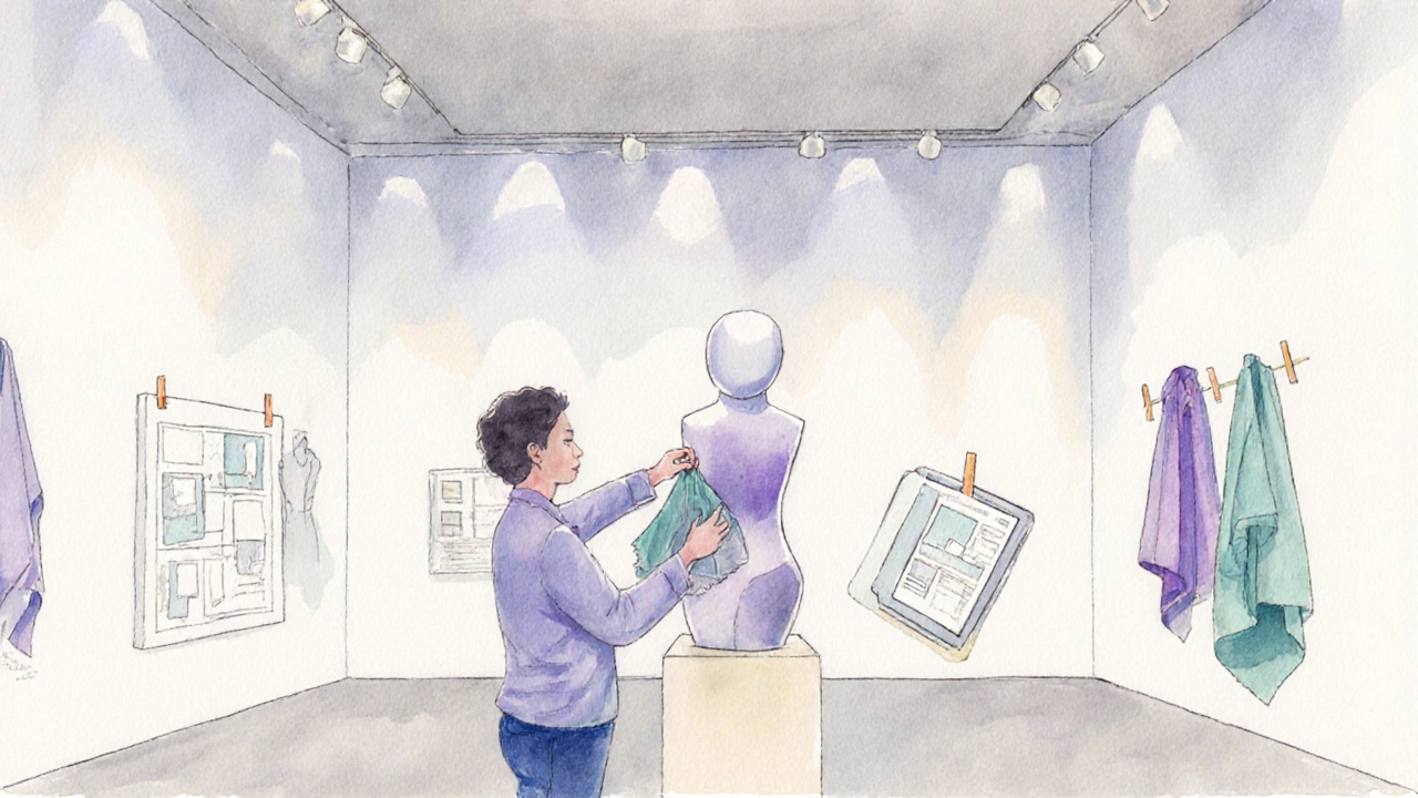 Куратор выставки выбирает экспонаты и оформляет стенды в галерее.