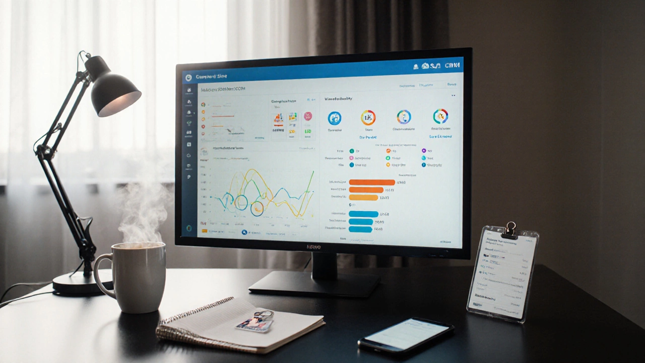 Офисный стол с открытой CRM‑системой, показывающей собранные лиды после конференции.