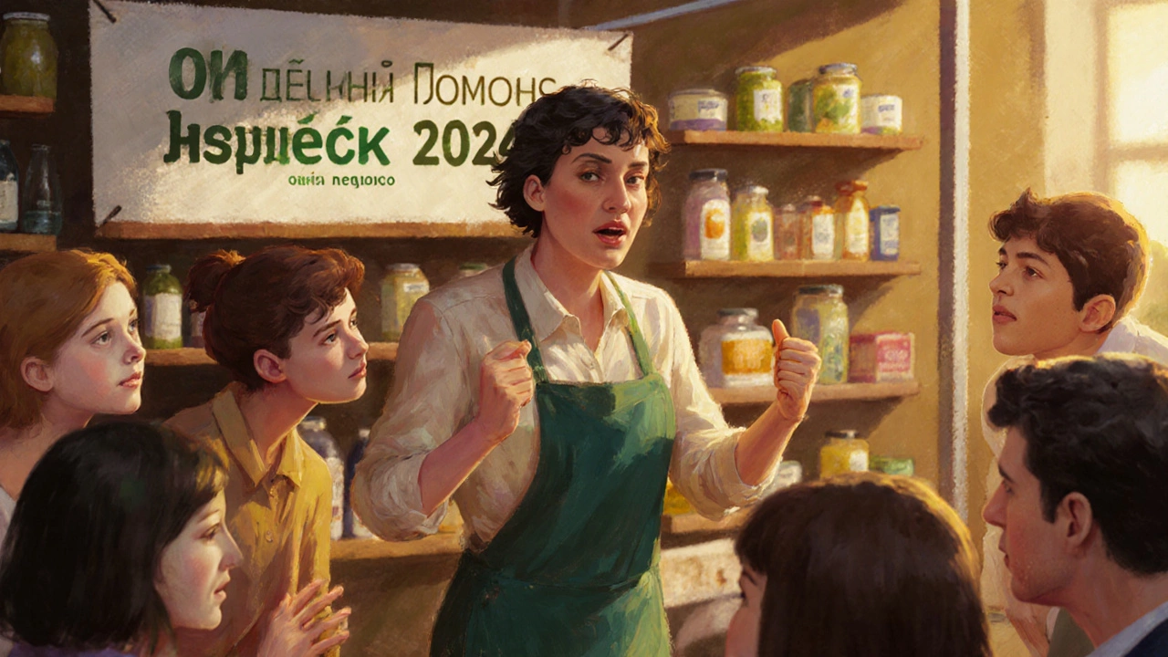 Основатель компании представляет экологичную продукцию группе посетителей на стенде форума.