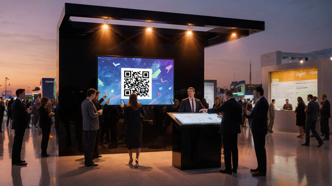 Посетители сканируют QR‑код и смотрят видеопрезентацию на интерактивном стенде конференции.