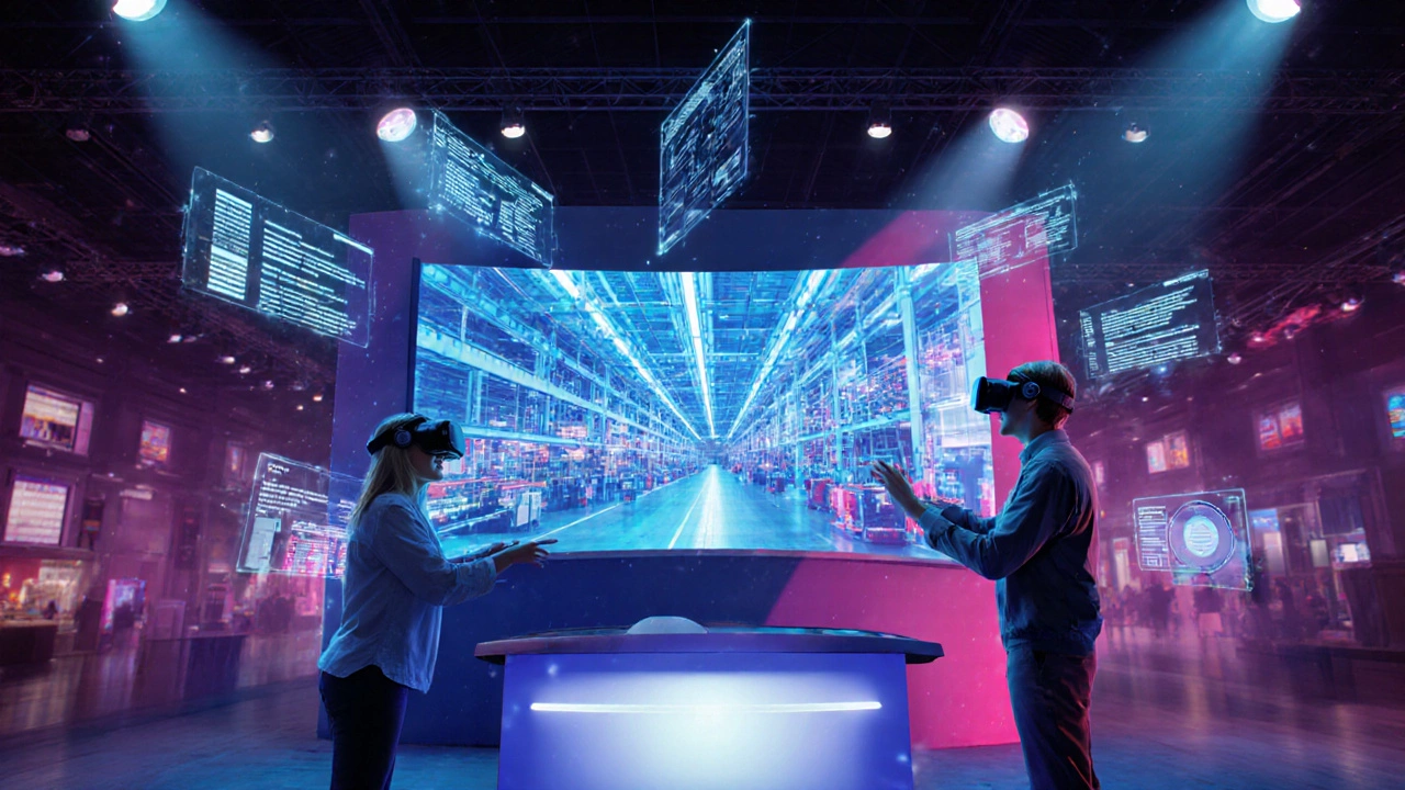 Посетители в VR‑шлемах исследуют интерактивный стенд выставки.