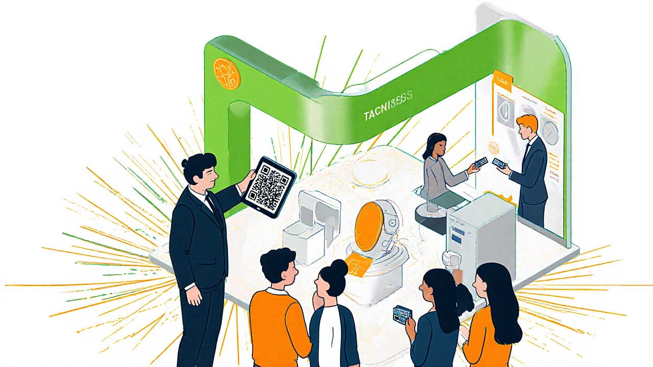 Презентатор демонстрирует продукт у стенда, обмен визитками и QR‑кодом.