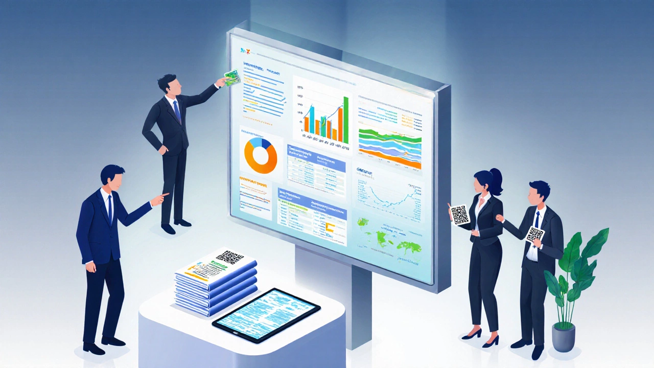 Профессионалы у информационного стенда с большим экраном и брошюрами.