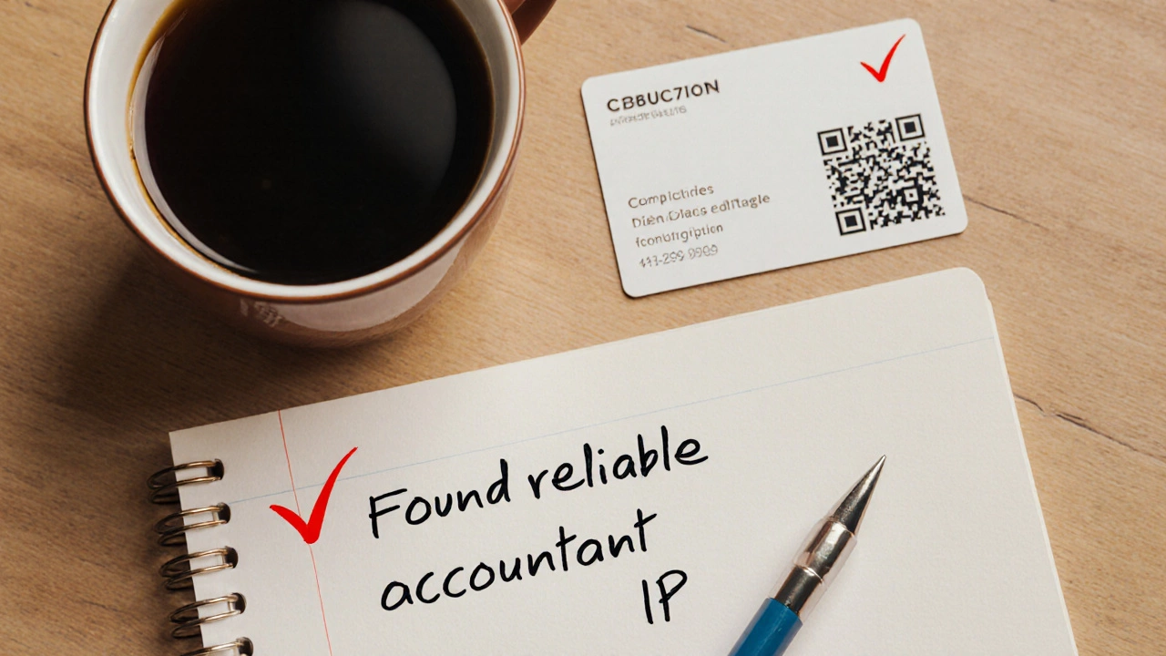 Рукописная запись &#039;Нашел бухгалтера для ИП&#039; рядом с карточкой и чашкой кофе.