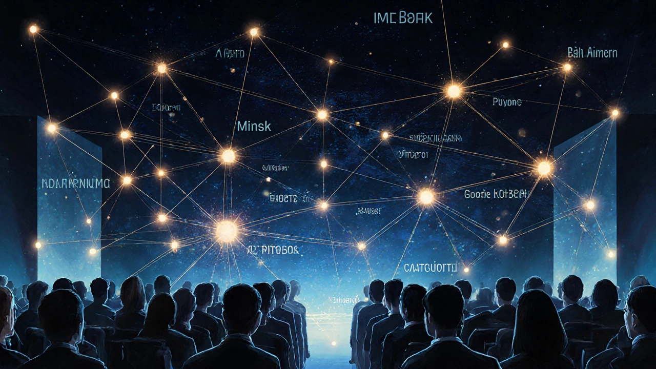 Схематичная сеть связей между участниками бизнес-форума, символизирующая возникающие партнерства.