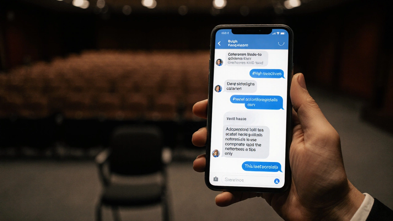 Смартфон показывает чат в Telegram с обменом полезными заметками на мероприятии.