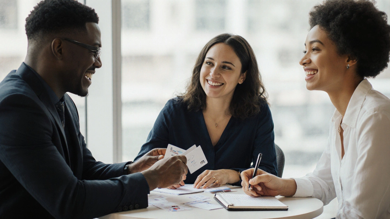 Три человека общаются за маленьким столом с темами для разговора и карточками контактов.