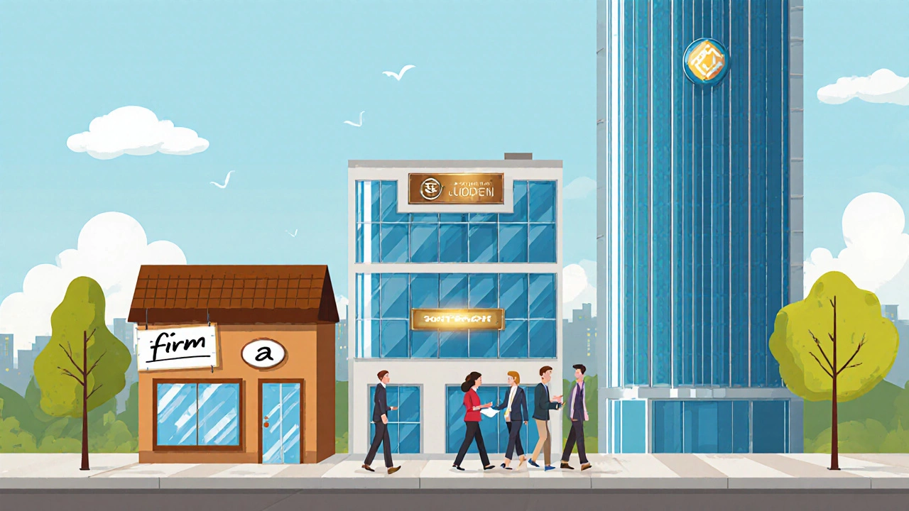 Три здания разного размера показывают фирму, компанию и корпорацию.