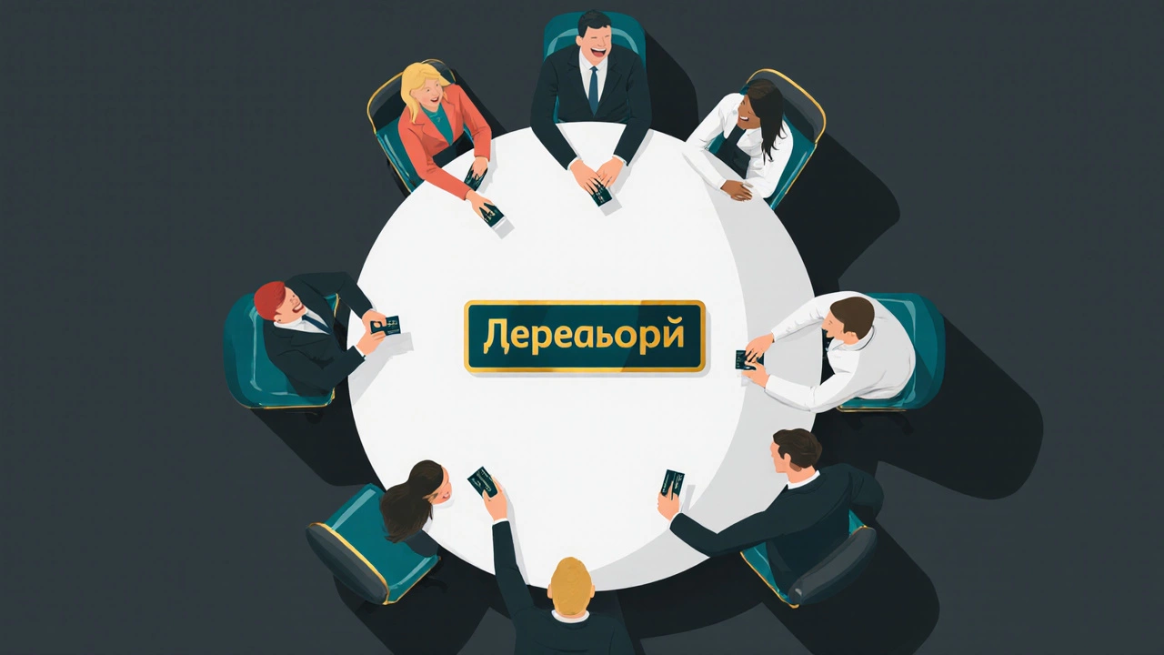 Успешная деловая встреча, участники обмениваются визитками и пожимают руки.
