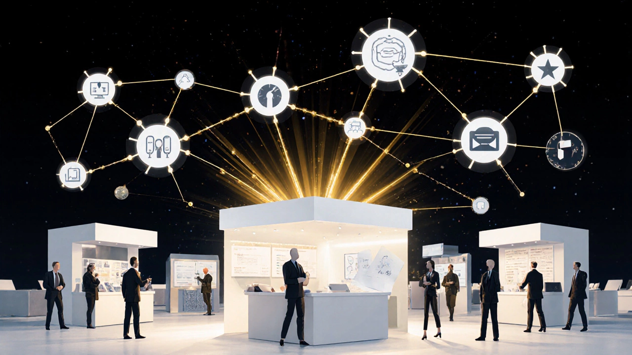 Абстрактная схема торговой выставки как сети связей между участниками, символизирующая обмен инсайтами и партнерствами.