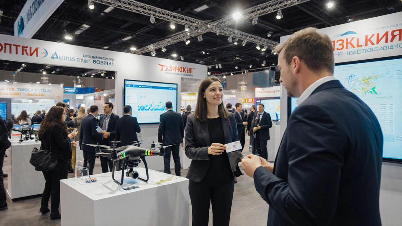 Attendees interacting with product demos at a B2B technology exhibition in Minsk.