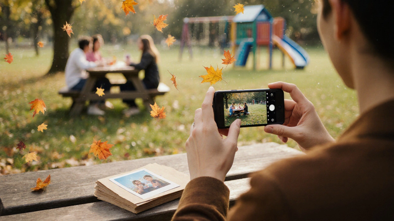 Человек фотографирует семью на пикнике в парке, рядом лежат напечатанные фото.