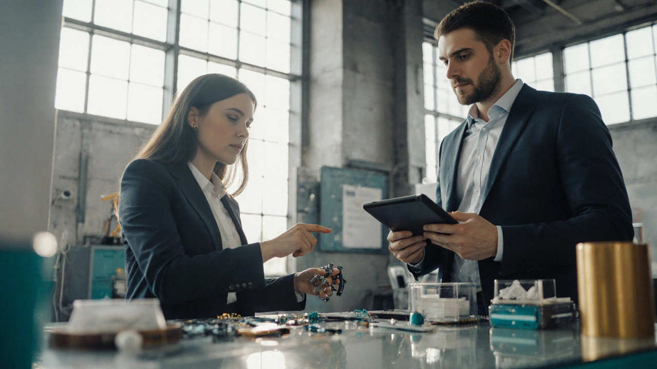 Два бизнесмена ведут живой разговор у стенда, один показывает продукт, другой внимательно слушает.