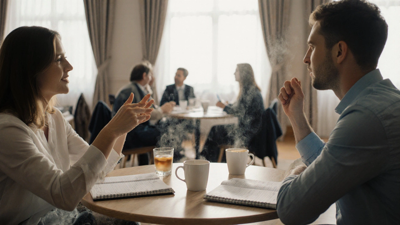 Два предпринимателя обсуждают стратегию снижения затрат за завтраком на форуме.