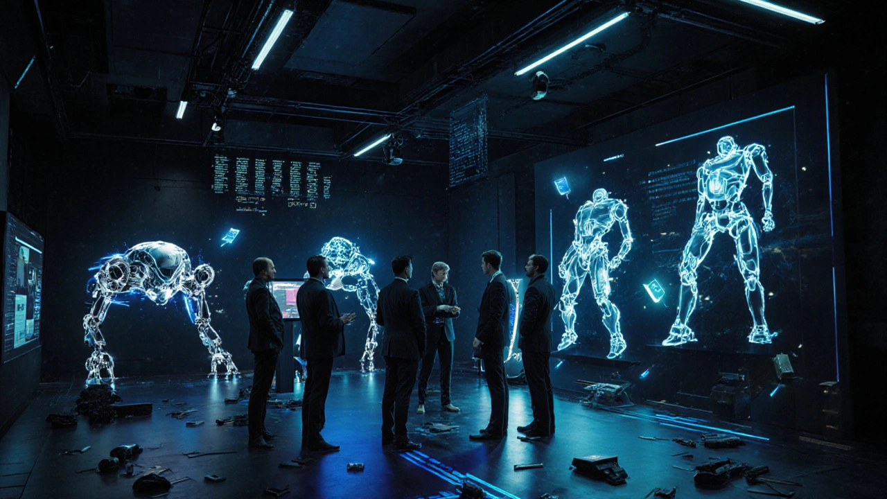 Инвесторы смотрят на прототипы роботов на инновационной выставке