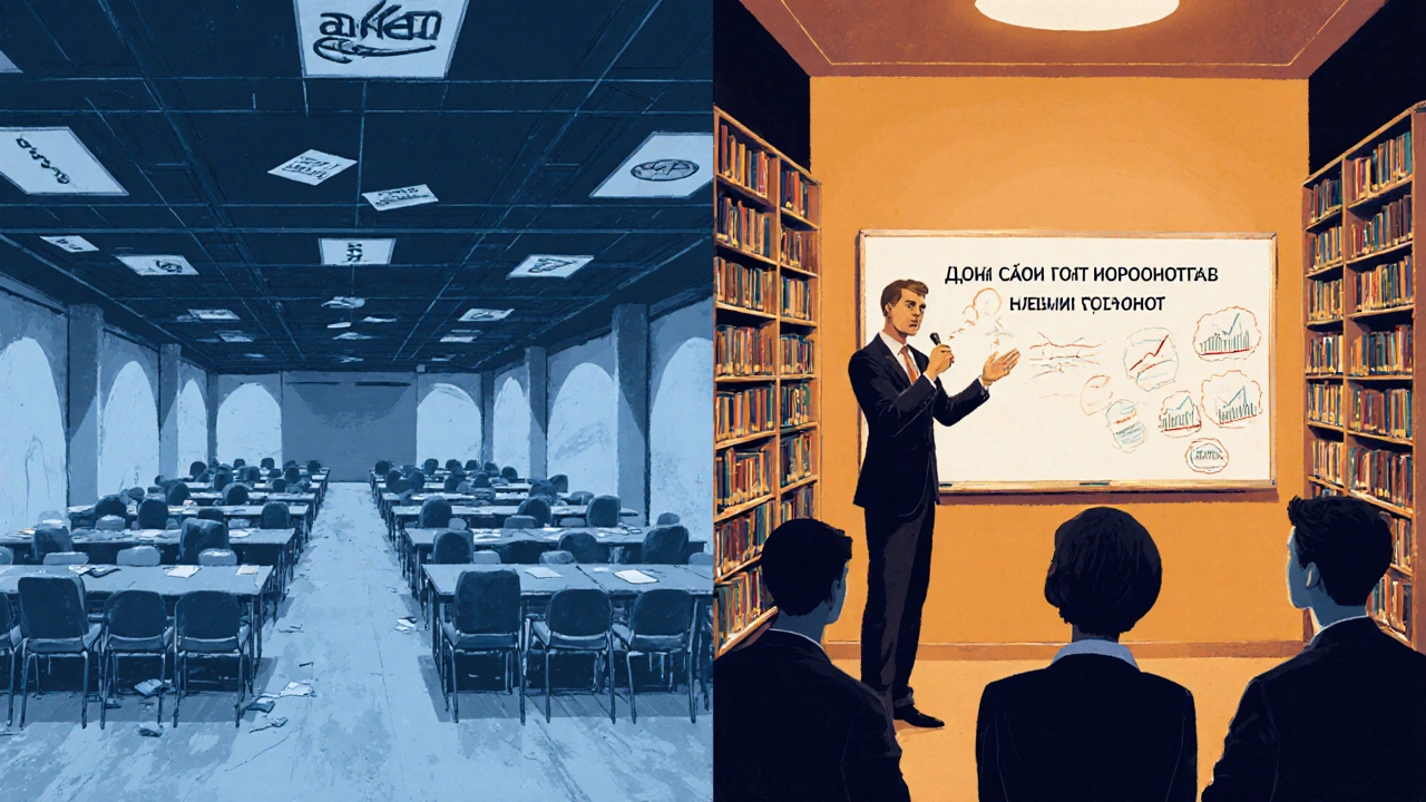 Контраст: пустой конференц-зал слева и живой разговор в библиотеке справа.