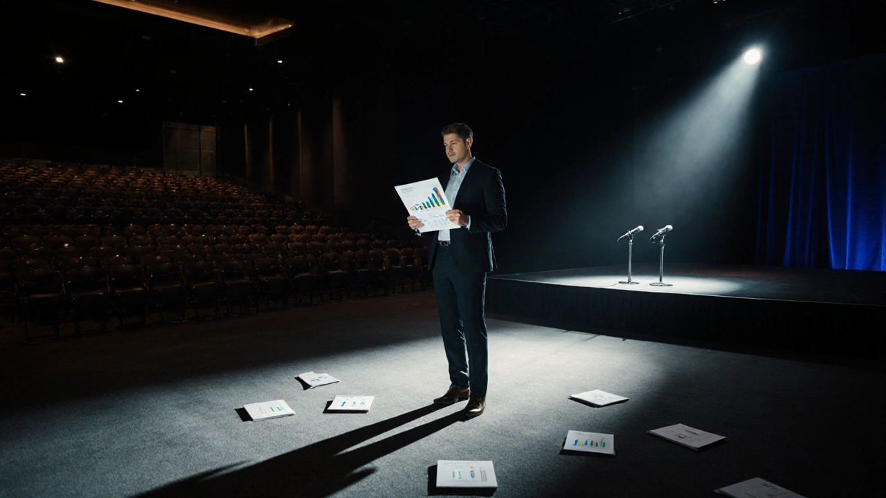 Менеджер в пустом зале после мероприятия, держит отчет с аналитикой, единственный свет — на документе.