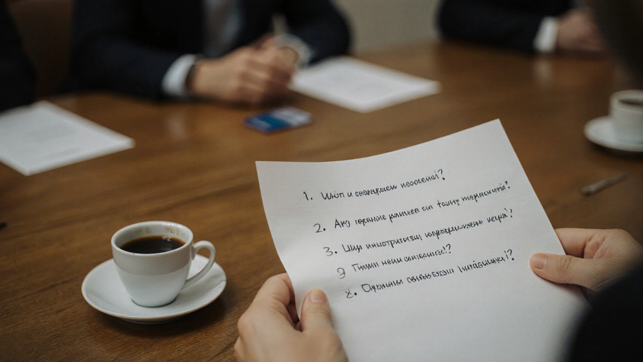 Рука держит листок с пятью вопросами для клиентов на конференции, рядом — кофе и визитка.