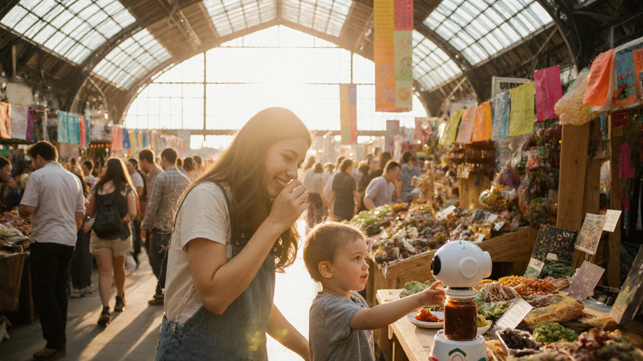 Семьи пробуют продукты на конечнорыночной ярмарке