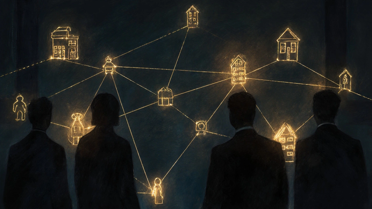 Сеть светящихся связей между предпринимателями, символизирующая доверие и сотрудничество.