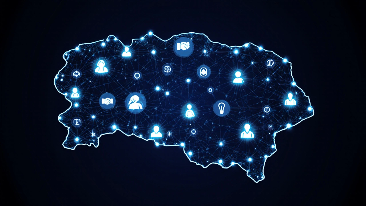 Схема связей между участниками бизнес-форума, символизирующая создание партнерств.