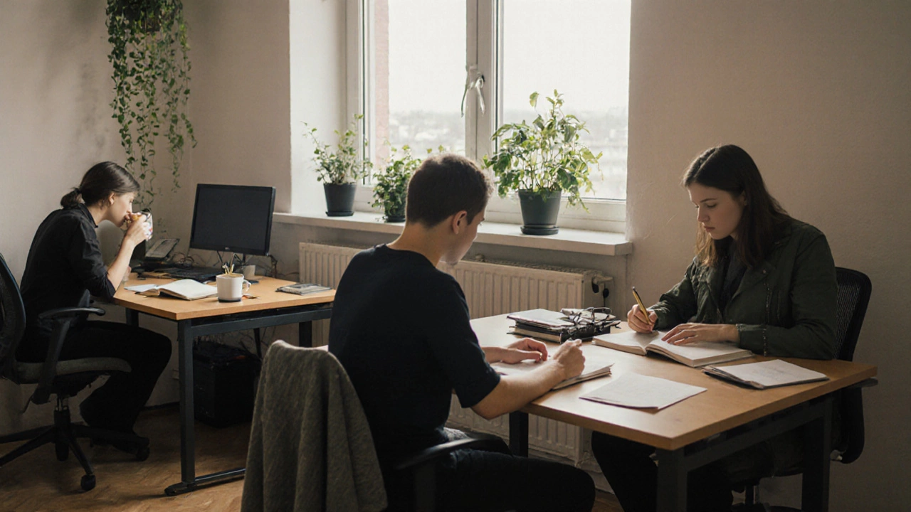 Сотрудники работают спокойно в офисе в день без встреч, атмосфера уюта и сосредоточенности.