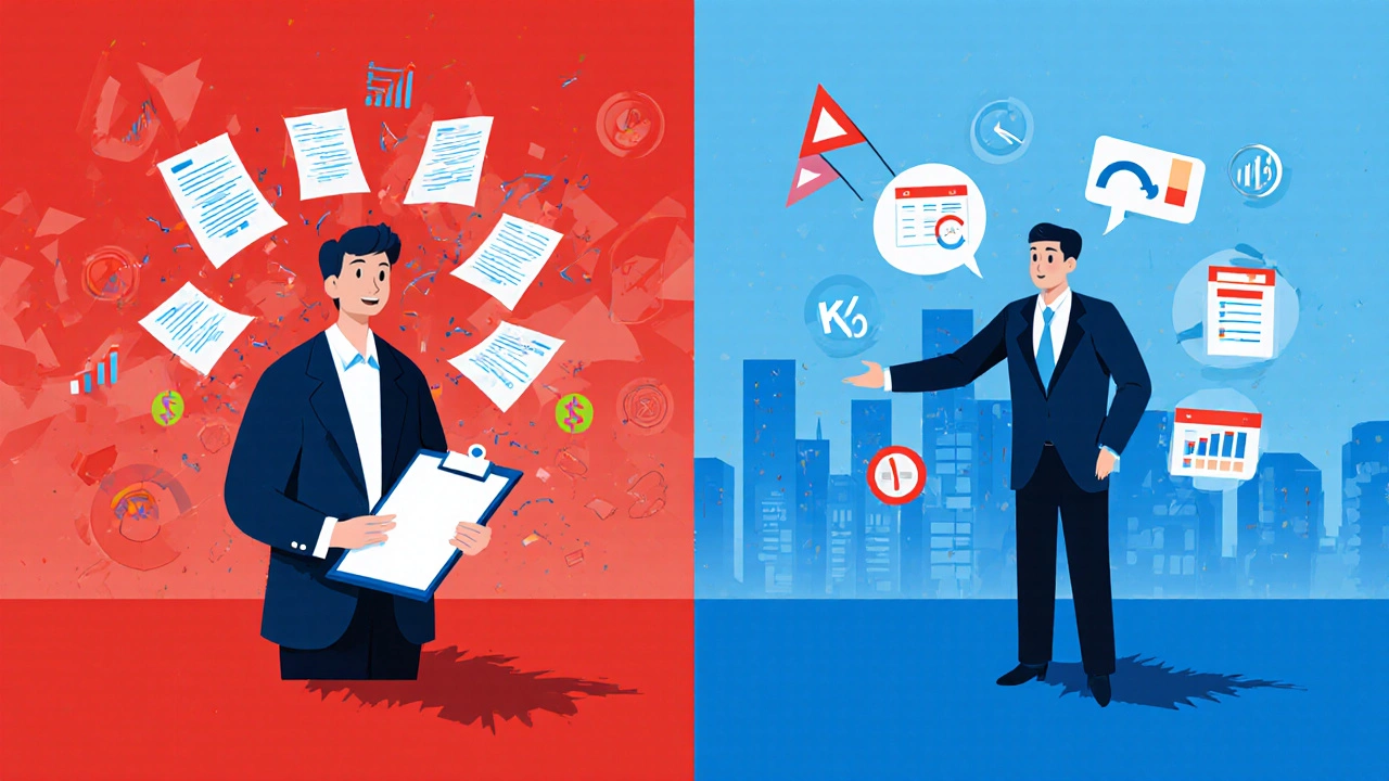 Сравнение: организатор в хаосе и менеджер в контроле с метриками, графиками и контрактами.