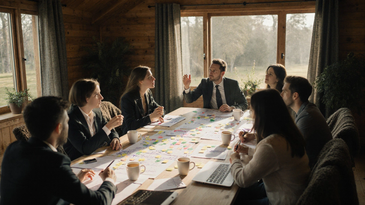Team of colleagues collaborating in a rural cottage during a corporate strategy session.