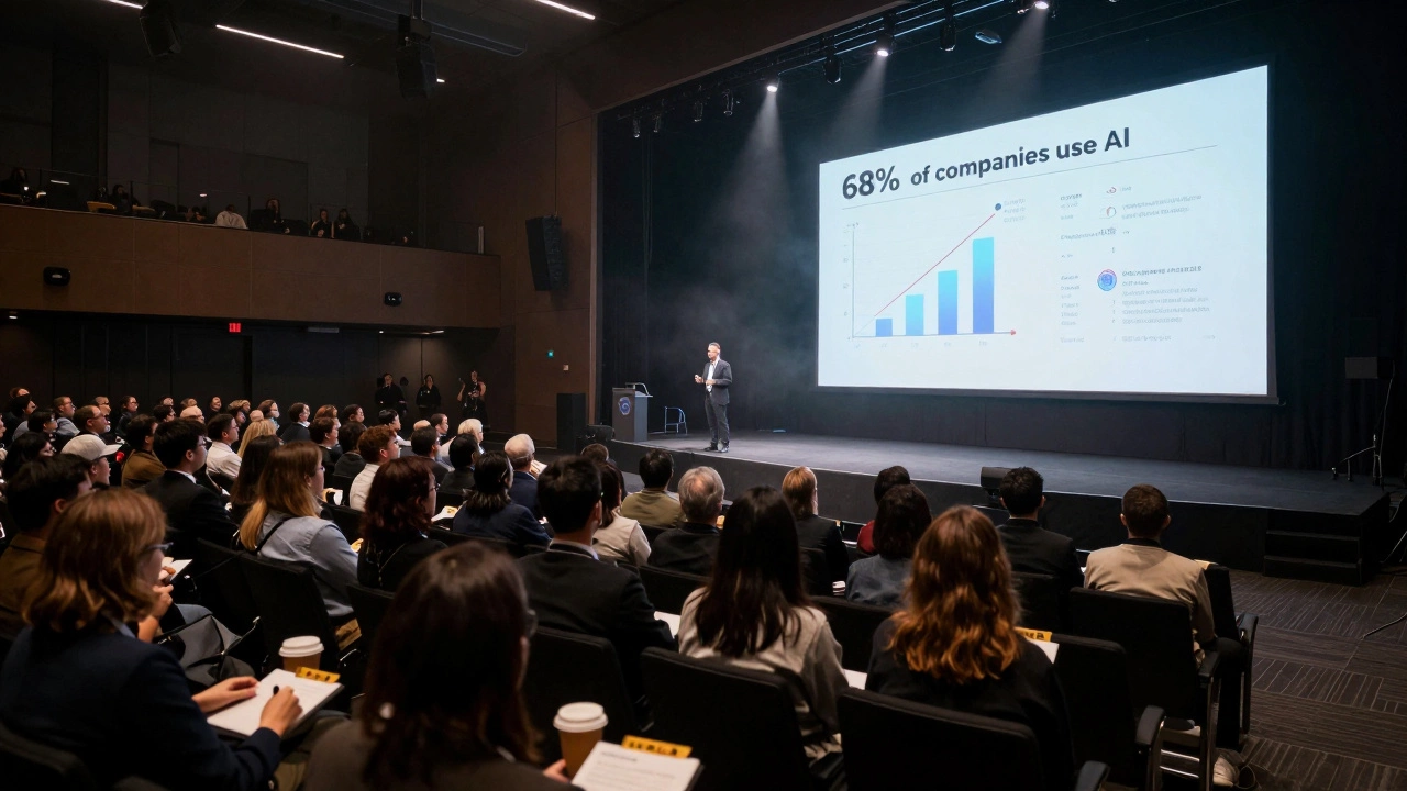 Большой зал конференции, спикер на сцене, аудитория записывает информацию под светом прожектора.