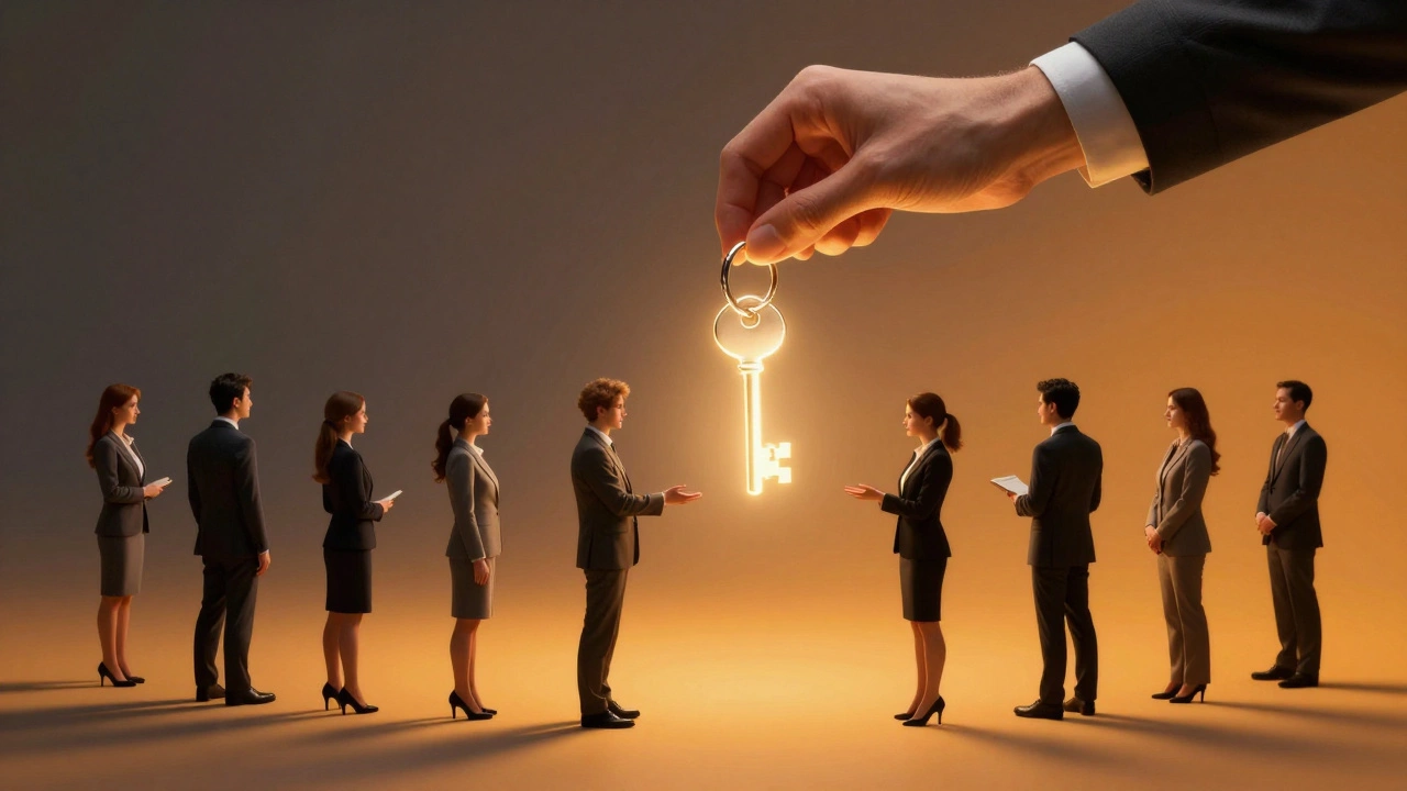 Цепочка рук передает светящийся ключ &#039;Доверие&#039; через толпу профессионалов