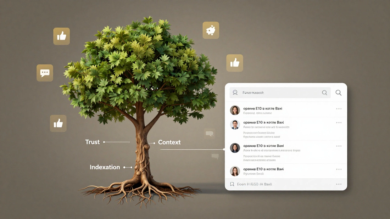 Дерево растёт из поста на форуме, корни — доверие, контекст, индексация, ветви ведут к поисковой выдаче.