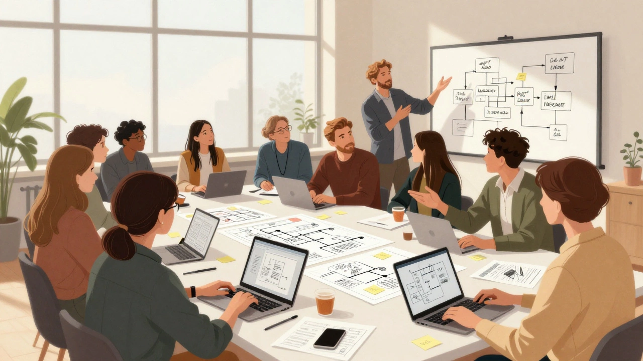 Группа специалистов на воркшопе, обсуждающих схемы за столом с заметками.