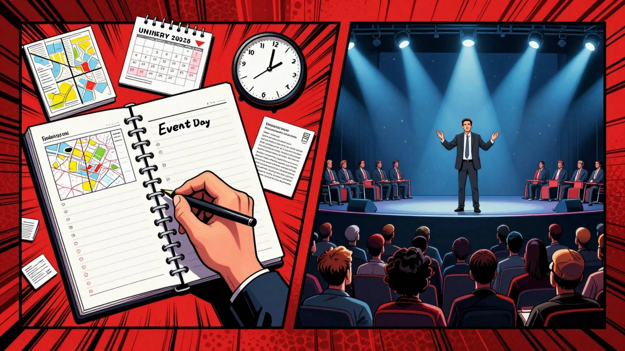 Комикс-стиль: планировщик в офисе и тот же человек на сцене крупного форума — переход от подготовки к реализации.