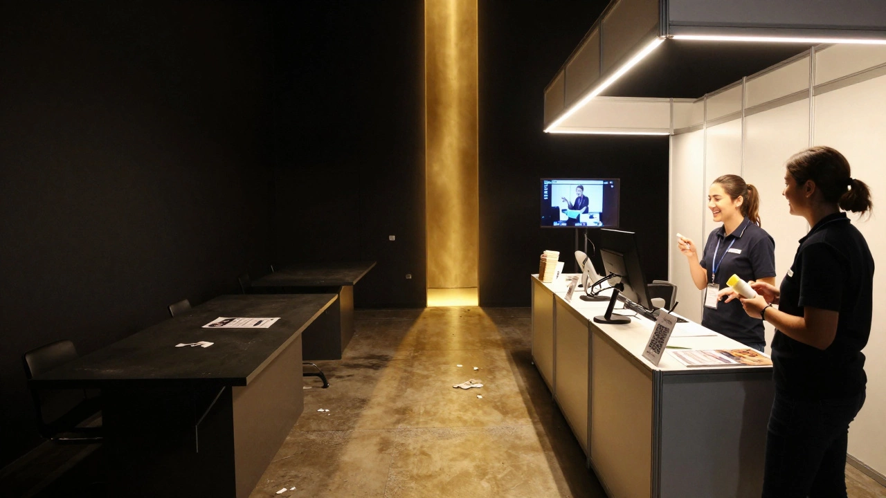 Контраст: пустой тусклый стенд слева и оживлённый, освещённый стенд справа с сотрудниками и посетителем.