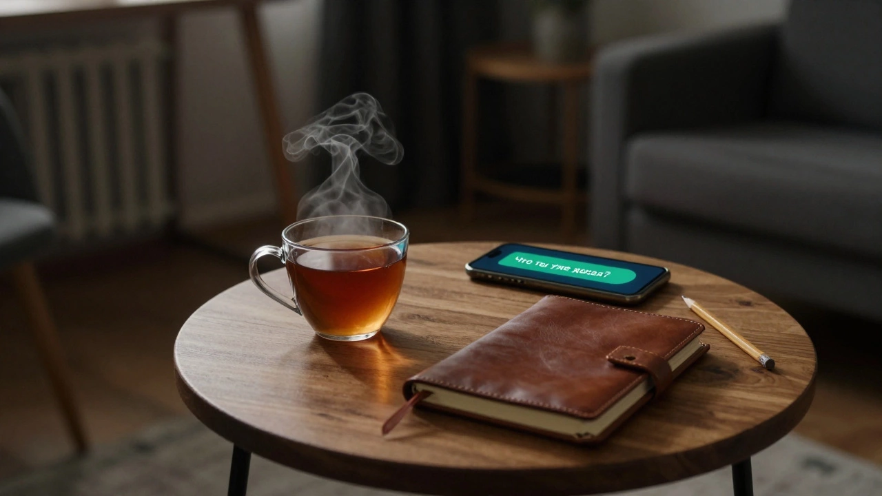 На столе чай, блокнот и карандаш — тихий момент после мероприятия, полный намёка на изменение.