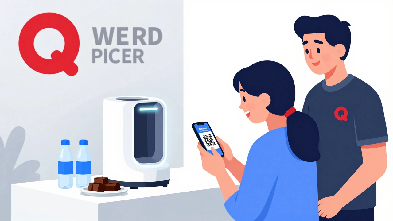 Посетитель сканирует QR-код на выставке, получая скидку, рядом — работающий образец продукта и закуски.