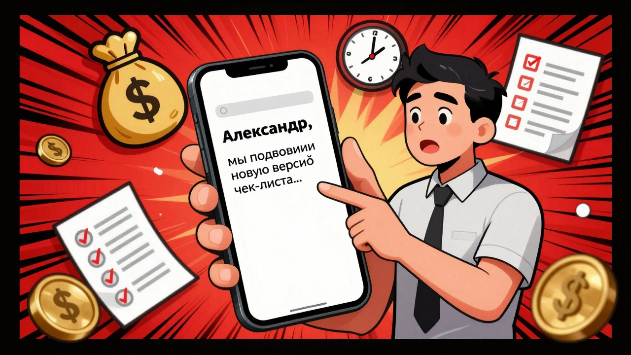 Предприниматель смотрит на персональное письмо с чек-листом, вокруг — символы экономии времени и денег