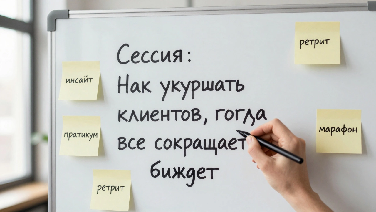 Рука пишет на доске название мероприятия: &#039;Сессия: Как удержать клиентов...&#039;