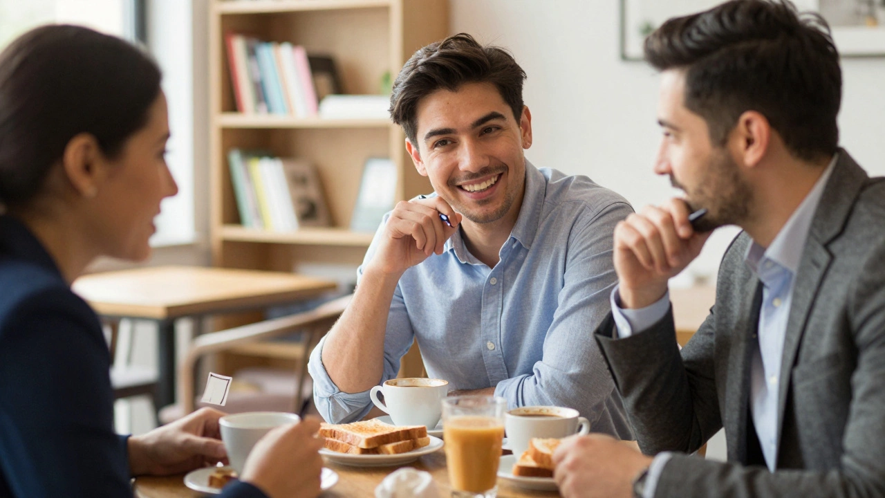 Три предпринимателя за завтраком в кафе, ведущие искренний разговор.
