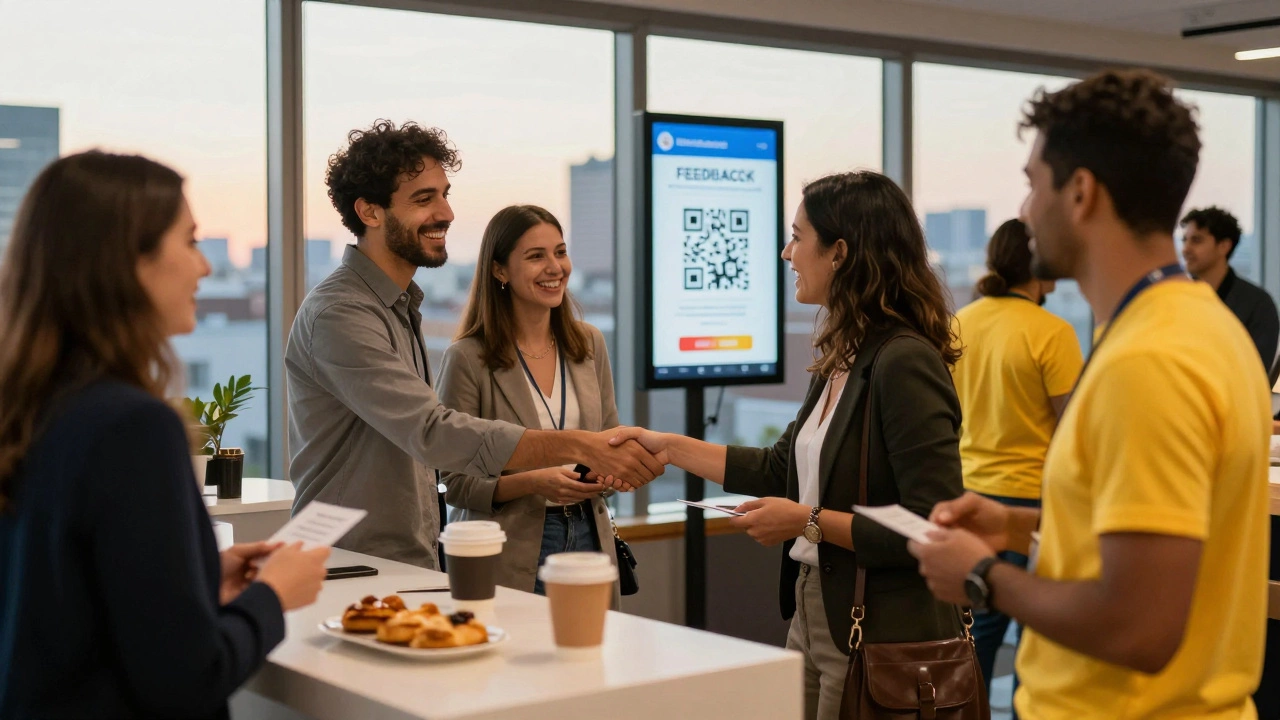 Участники бизнес-мероприятия общаются в зоне нетворкинга с кофе и пирожными