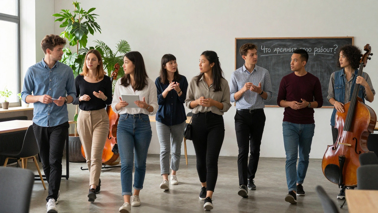 Участники ходят по залу в парах, обсуждают идеи, в воздухе — атмосфера живого взаимодействия.
