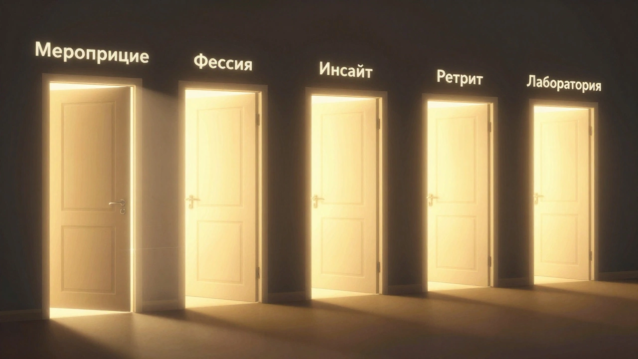 Закрывающаяся дверь &#039;Мероприятие&#039; и пять открывающихся дверей с альтернативными названиями.
