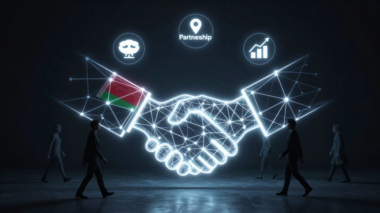 Абстрактное изображение сети деловых связей, возникающих на выставке, с символами роста и партнерства.