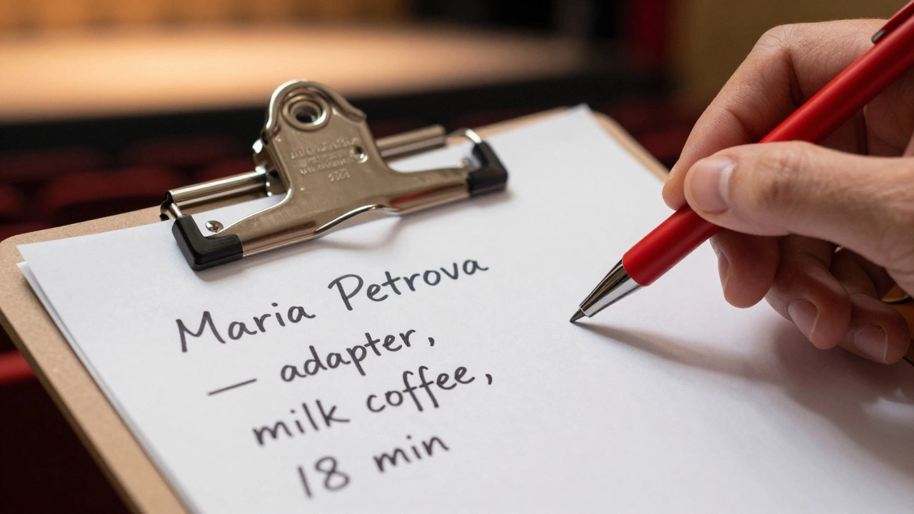 Бейдж с опечаткой и заметка с деталями выступающего на клипборде организатора.