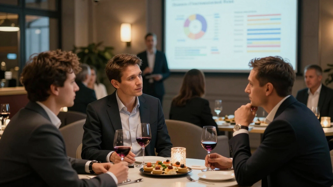 Бизнес-лидеры общаются на закрытом мероприятии, спикер выступает на сцене, аудитория вовлечена в диалог.