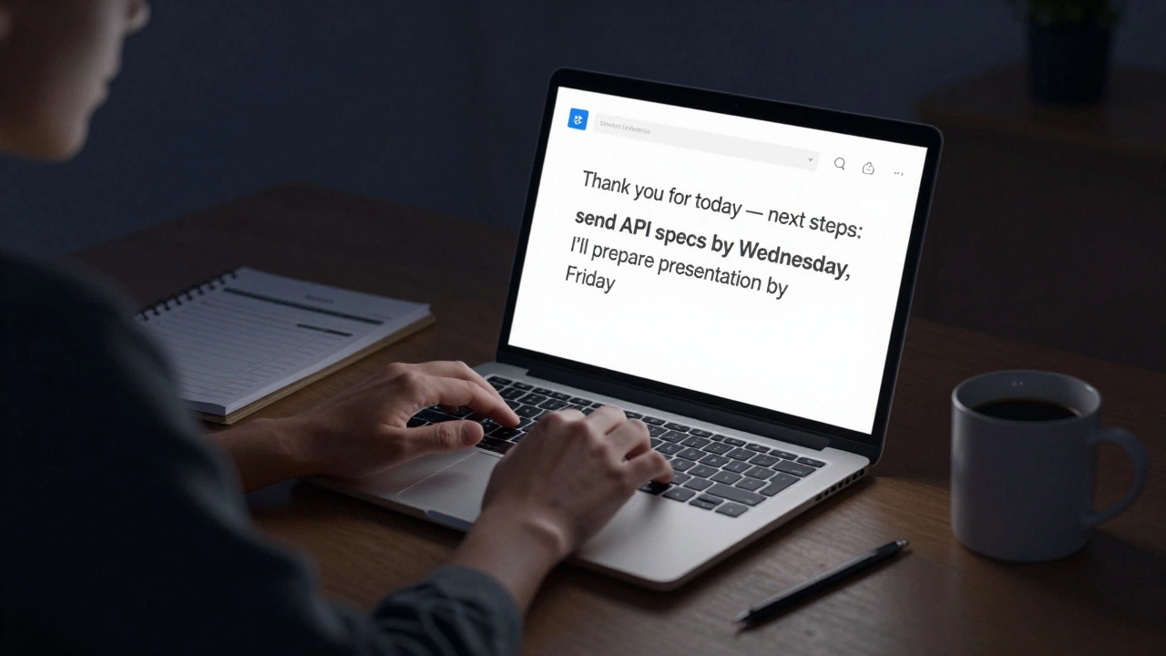 Человек пишет следующий шаг встречи за ноутбуком в тихом кабинете вечером.